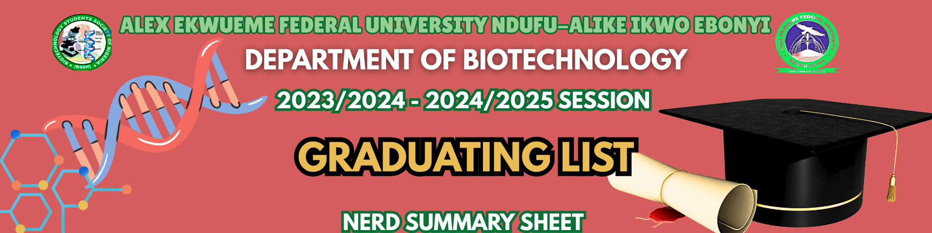 Graduation list banner for the Department of Biotechnology, AE-FUNAI